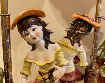 Pair of Vintage Capodimonte Porcelain Brass and Glass Globe Lamp