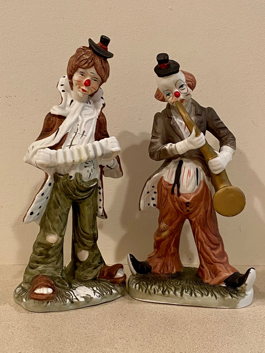 Pair of Vintage Porcelain Hobo Clown Figurines Playing Etsy