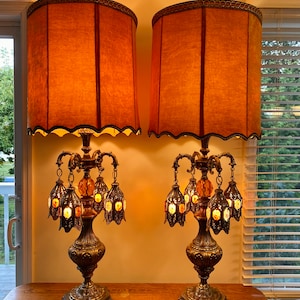 Pair of Loevsky & Loevsky Amber Lucite and Brass Hollywood Regency Lamps 48&quot; Tall Shades are Optional Please Read