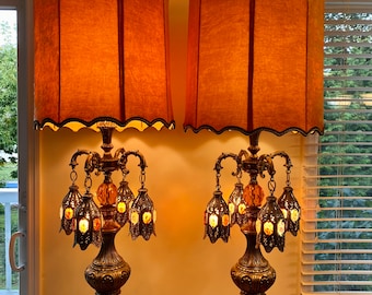 Pair of Loevsky & Loevsky Amber Lucite and Brass Hollywood Regency Lamps 48&quot; Tall Shades are Optional Please Read