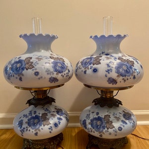 Vintage 23&quot; Tall GWTW 3 way Hurricane Hand Painted White and Blue Floral Lamps  13&quot; W 13 lbs Price for One