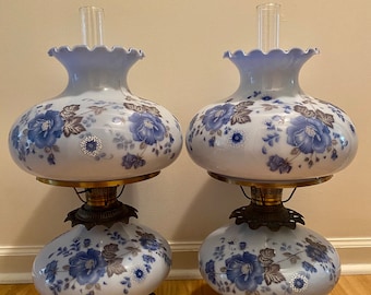 Vintage 23&quot; Tall GWTW 3 way Hurricane Hand Painted White and Blue Floral Lamps  13&quot; W 13 lbs Price for One