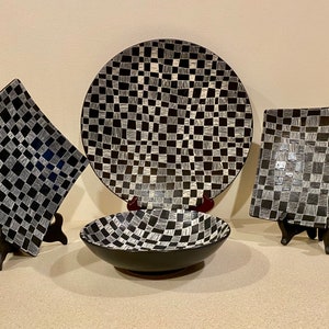 Tabletops Lifestyles Taurus Dinner, Salad plates and Soup Bowls  White/Black Checkerboard Pattern
