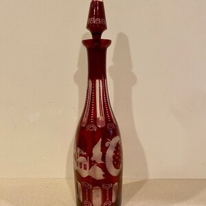 Vintage Bohemian Czech Egermann Ruby Red Cut to Clear Etched 15.25” Decanter with Stopper