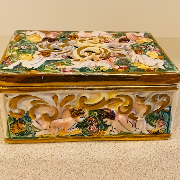 Antique Capodimonte porcelain trinket box with lid Cherubs hand painted gilded signed 5”x3.5”x2.25”