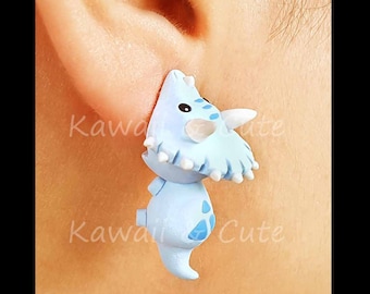 Dinosaur Earrings Bite Ear, Dinosaur biting ear, Triceratops Earrings, Funny Earrings, Dinosaur Ear Biting Earring, stainless steel earrings