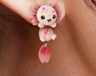 PREORDER - Spring axolotl earrings handmade, clinging earrings special gift for animal lovers, cute animal earrings kawaii, stainless steel