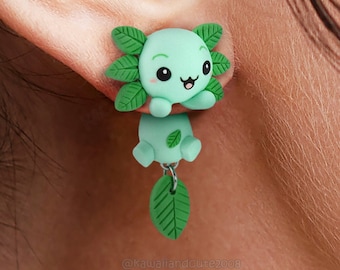 Mint axolotl earrings handmade, clinging earrings special gift for animal lovers, cute sea creture, cute fish animal earrings kawaii