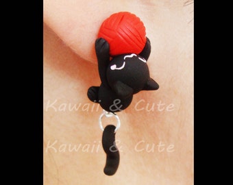 Cat Earrings handmade, Black Cat Earrings with wool, cute things, special gift for cat lovers, Handmade Polymer Clay Jewelry, kawaii animal