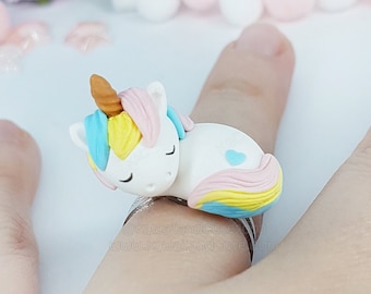 Kawaii Unicorn ring handmade, sleeping unicorn special gift for Fantasy lovers, handmade jewelry of cute things, polymer clay charm