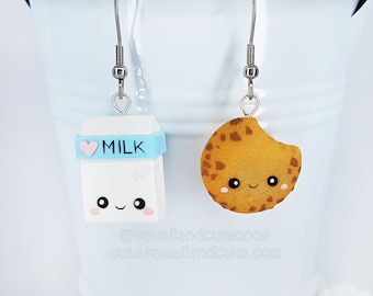 Pendientes Cookie and Milk hechos a mano, Regalo original para amantes de los postres, Pendientes de comida miniatura kawaii, cookies kawaii