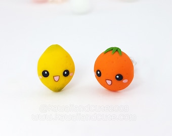 Cute orange and lemon earrings handmade polymer clay, special gift kawaii, miniature food gift ideas cute fruits, vegan love earrings