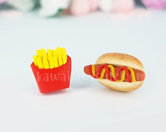 Hot Dog earrings kawaii handmade and french fries earrings special gift for food lovers, fast food earrings kawaii, miniature food clay