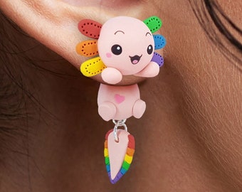 Rainbow axolotl earrings handmade, clinging earrings special gift for animal lovers, cute sea creture, cute fish animal earrings kawaii
