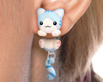 Light blue and white Kawaii Cat Earrings handmade, Cat Clinging Earrings, cute cat special gift for cat lovers, Handmade PolymerClay Jewelry