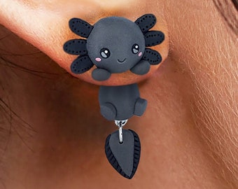 PREORDER - Dark axolotl earrings handmade, clinging earrings special gift for animal lovers, cute animal earrings, Stainless steel