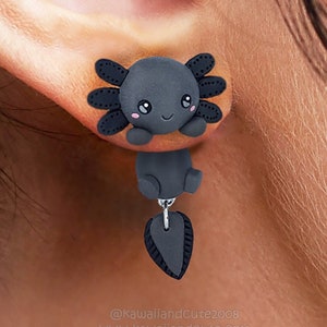 PREORDER - Dark axolotl earrings handmade, clinging earrings special gift for animal lovers, cute animal earrings, Stainless steel