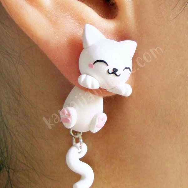Cat Earrings handmade, White Cat Clinging Earrings, cute things, special gift for cat lovers, Handmade Polymer Clay Jewelry, kawaii animal
