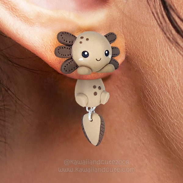 Choco axolotl earrings handmade, clinging earrings special gift for animal lovers, cute sea creture, cute fish animal earrings kawaii