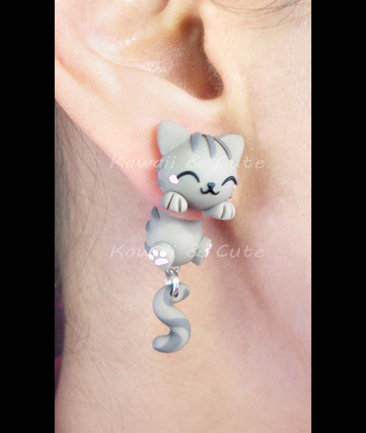 Cat Earrings handmade, Grey Cat Clinging Earrings, cute things, speci…