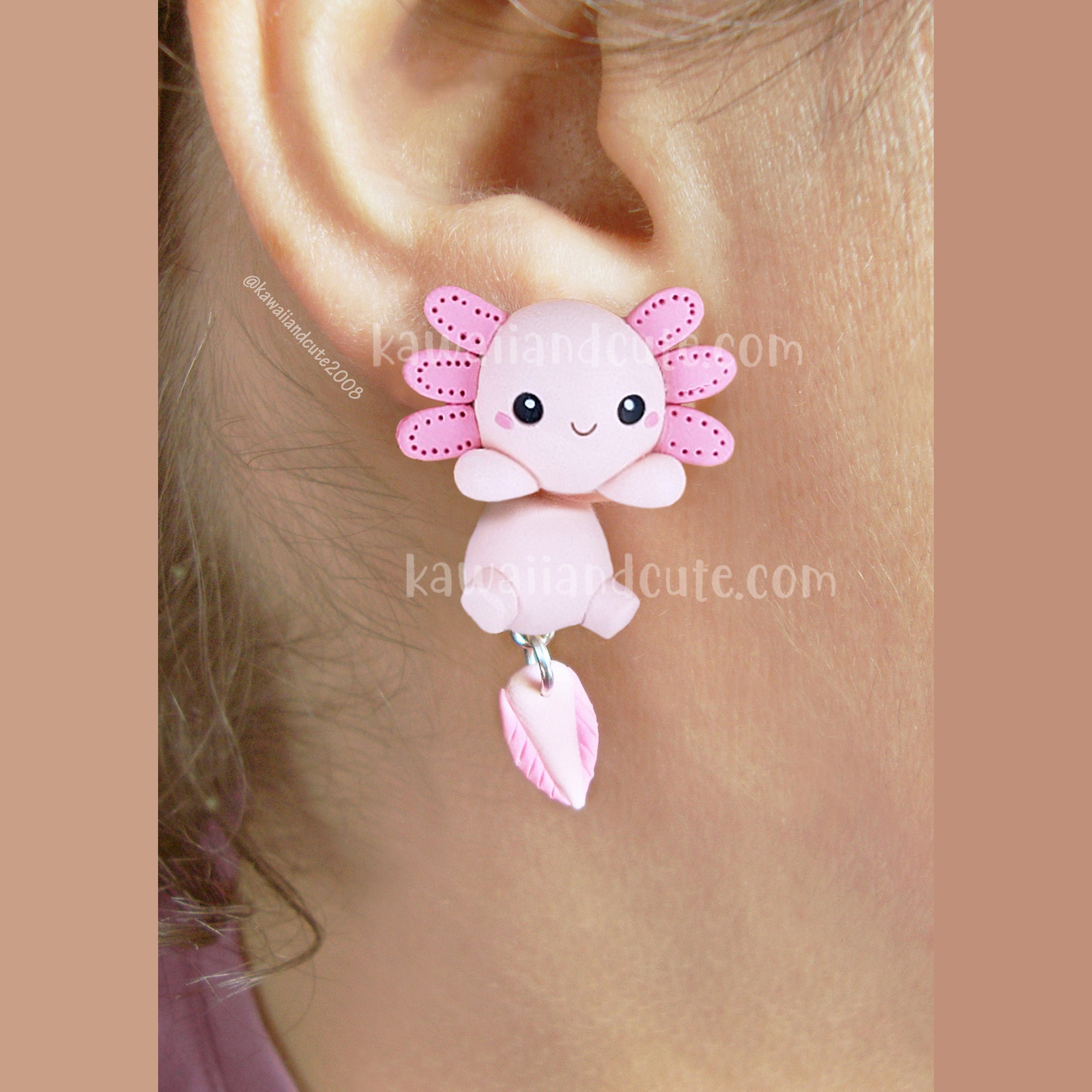 Pink axolotl earrings handmade, clinging earrings special gift for animal lovers, cute sea creture, cute fish animal earrings kawaii 