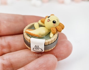 Kawaii yellow Axolotl in Japanese Onsen, Cute axolotl in Onsen special gifts for sea world lovers, Kawaii animals, cute animal take a bath