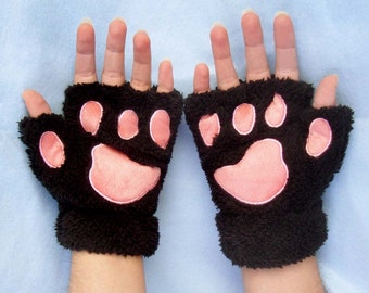 Cat Paw Gloves. Black Cat Gloves. Cat Pawprint Gloves.