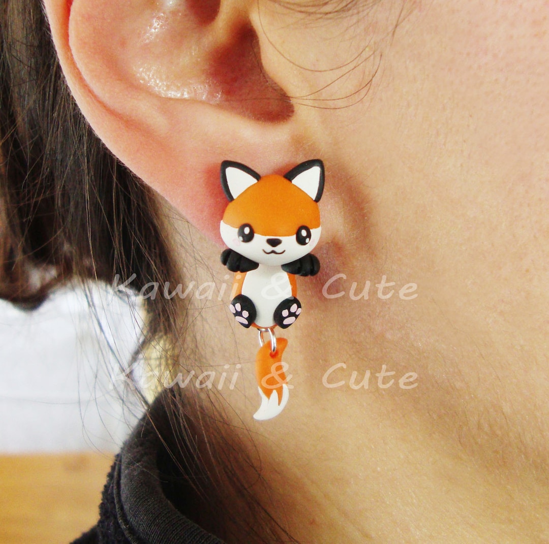 Red Fox Earrings Handmade Animal Clinging in Ear, Special Gift for Animal Lovers, Cute Fox or