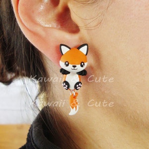 Red fox earrings handmade animal clinging in ear, special gift for animal lovers, cute fox or orange fox to gift for birthday, polymer clay