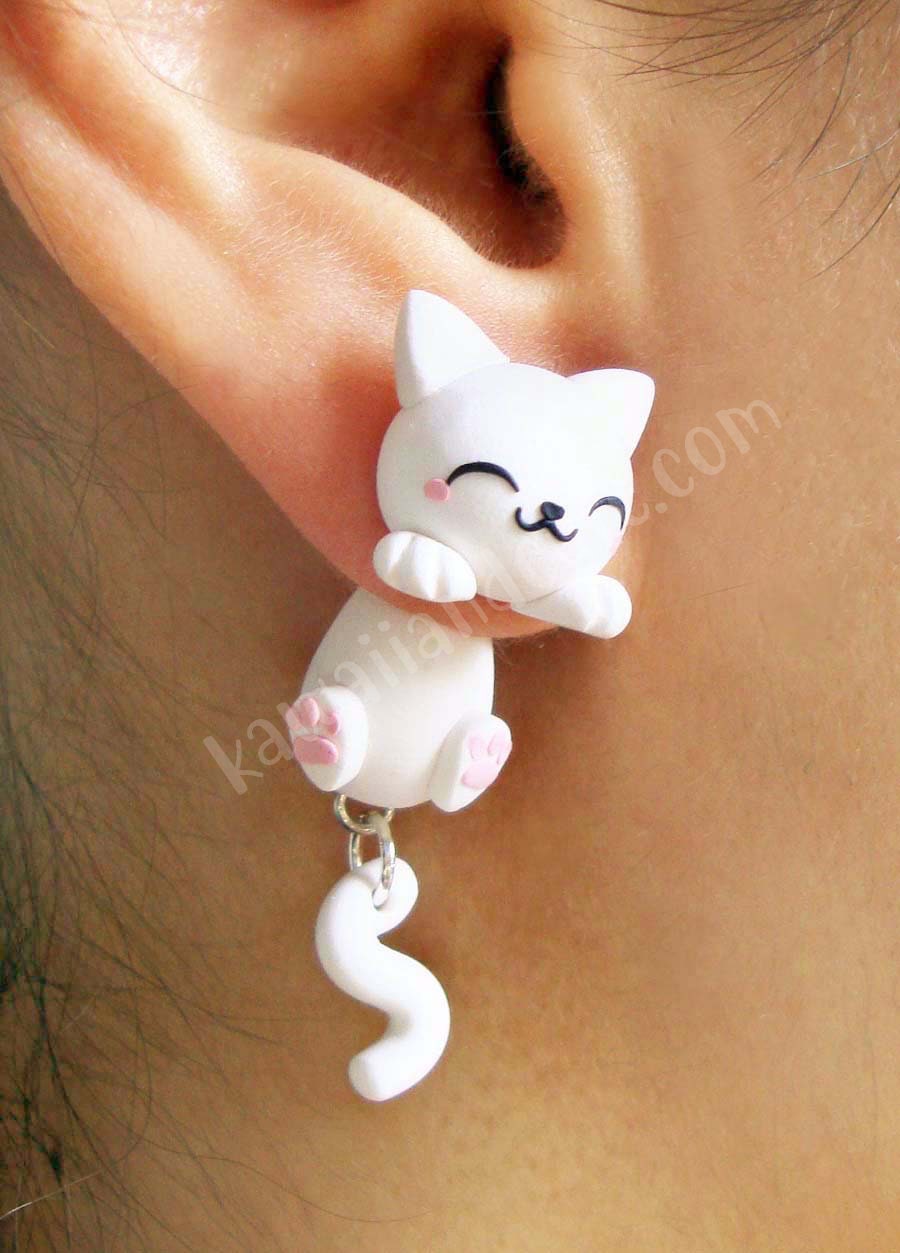 White cat earrings deals