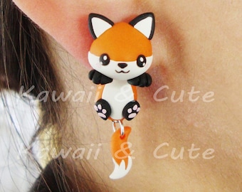 Red fox earrings handmade animal clinging in ear, special gift for animal lovers, cute fox or orange fox to gift for birthday, polymer clay