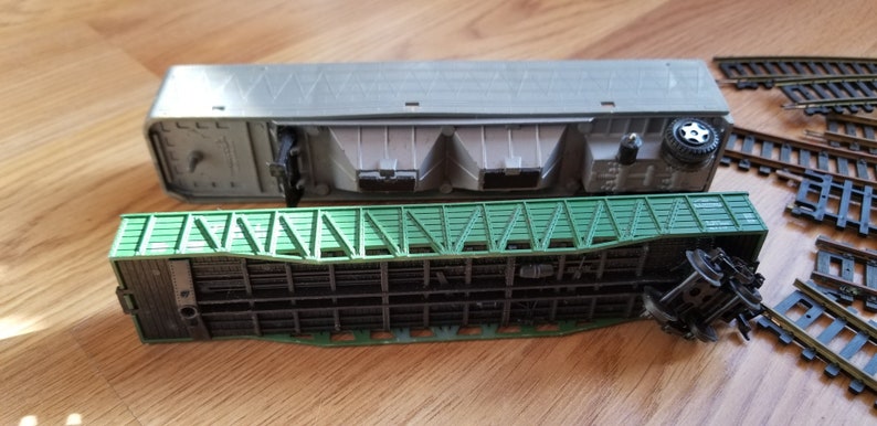 Vintage 70s HO-Scale Style Toy Train Box Cars and Track lot Atlas Rerailer Ertl More!
