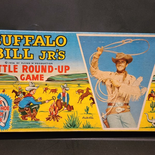 Vintage BUFFALO BILL JR'S Cattle Round-Up #959 Board Game 1956 plus Horseshoe Derby Board Game Built Rite