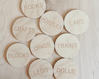 Toy Organization Labels, Wooden Organization Discs, Toy Organization, Wooden Toy Labels