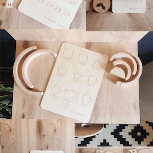 Affiches scolaires en bois (ENSEMBLE COMPLET) Alphabet en bois, Signes numériques en bois, Panneau de formes 2D en bois, décor d’école à la maison, décor d’apprentissage, école à la maison
