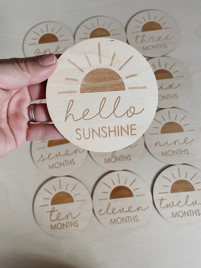 Hello sunshine Baby Milestone Discs, Wooden Milestone Discs, 13 discs from one month twelve months and hello sunshine disc image 2