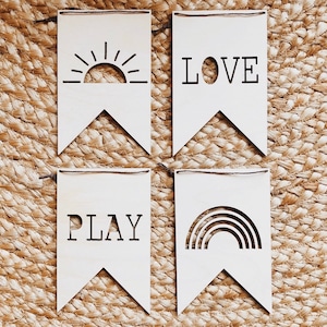 Wooden Rainbow or Sunrise or PLAY or LOVE Pennant - Large Listing is for ONE pennant of your choice