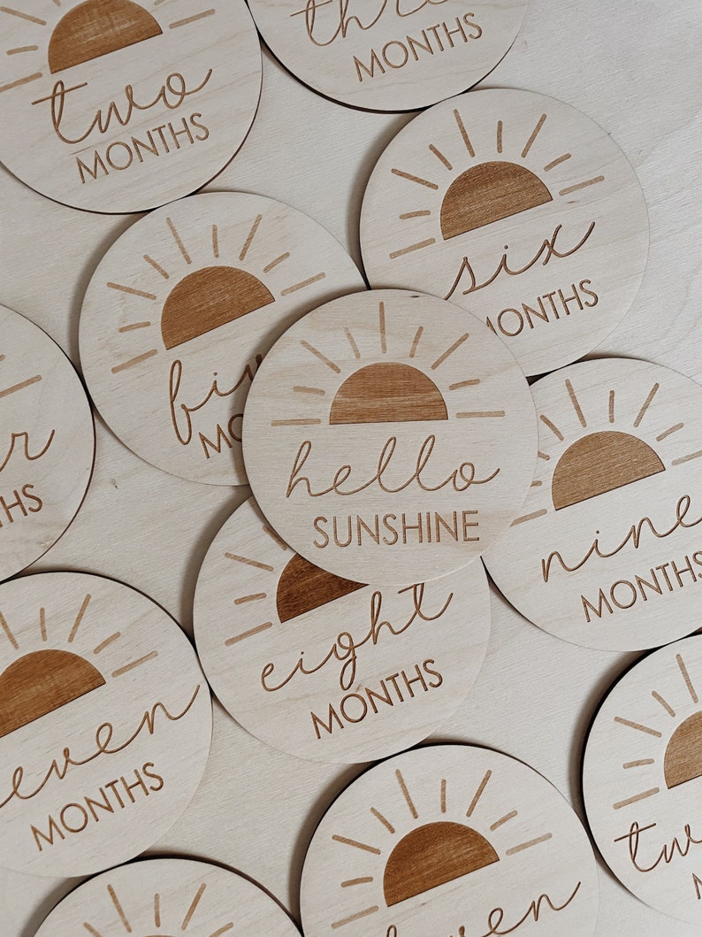 Hello sunshine Baby Milestone Discs, Wooden Milestone Discs, 13 discs from one month twelve months and hello sunshine disc image 3