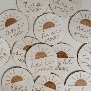 Hello sunshine Baby Milestone Discs, Wooden Milestone Discs, 13 discs from one month twelve months and hello sunshine disc image 1