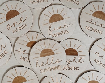 Hello sunshine Baby Milestone Discs, Wooden Milestone Discs, 13 discs from one month - twelve months and ‘hello sunshine’ disc