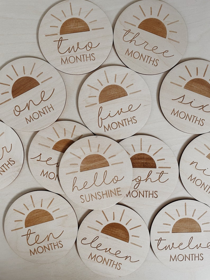 Hello sunshine Baby Milestone Discs, Wooden Milestone Discs, 13 discs from one month twelve months and hello sunshine disc image 1