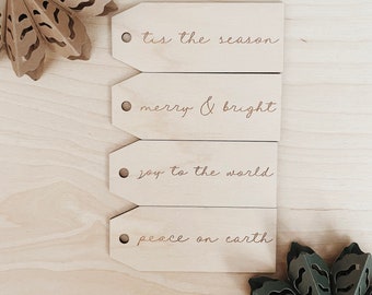 Wooden Gift Tags, 4 Pack of Gift Tags, merry minimal messages gift tags, laser engraved gift tags, Christmas gift tags, festive gift tags