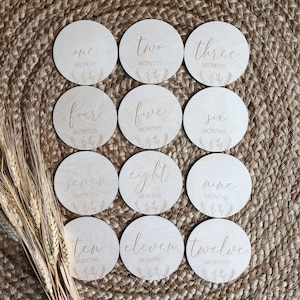 Baby Milestone Discs, Floral, Wooden Milestone Discs, 12 disques d’un mois à douze mois.