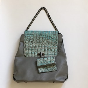 Handmade genuine leather handbag, shoulder bag in Grey/Multi blue, Crocodile embossed