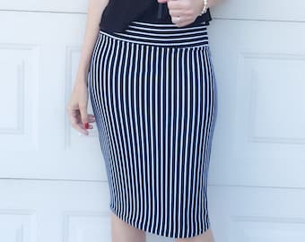SALE Black White Vertical Stripe Fitted Pencil Skirt