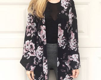 Black Floral Print Light Knit Kimono Cardigan, Black Knit Cardigan