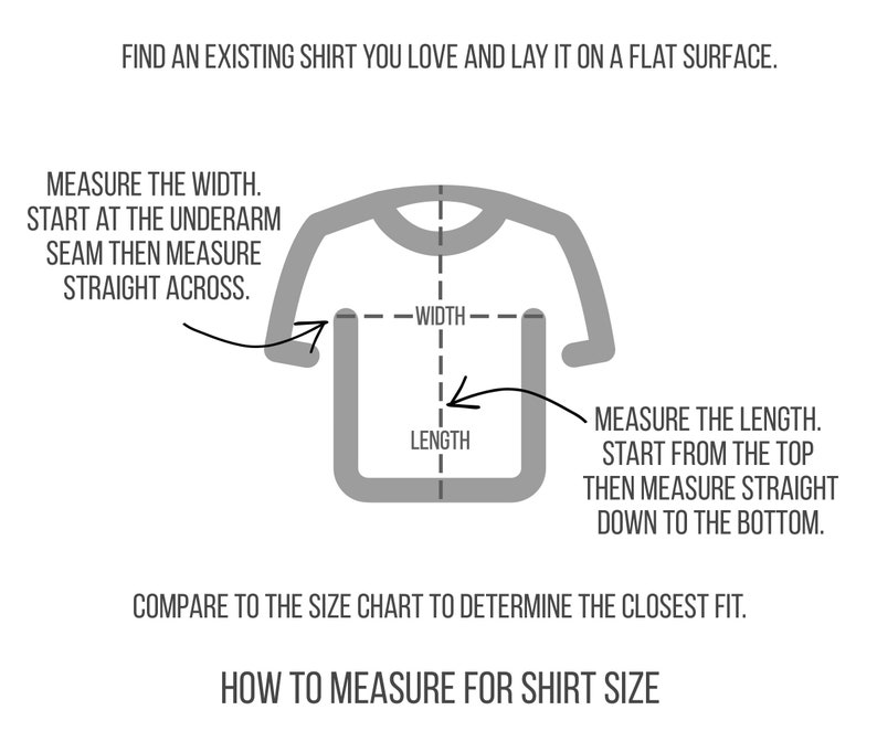K&ouml;nnte beinhalten: Diagramm, das zeigt, wie man die Breite und L&auml;nge eines Shirts misst. Das Diagramm zeigt ein Shirt, das flach auf einer Oberfl&auml;che liegt, mit Linien, die angeben, wo man messen soll. Der Text lautet: "Finden Sie ein Shirt, das Sie lieben, und legen Sie es auf eine ebene Fl&auml;che. Messen Sie die Breite. Beginnen Sie an der Achselnaht und messen Sie dann geradeaus. Messen Sie die L&auml;nge. Beginnen Sie oben und messen Sie dann geradeaus nach unten. Vergleichen Sie mit der Gr&ouml;&szlig;entabelle, um die am besten passende Gr&ouml;&szlig;e zu ermitteln. So messen Sie die Gr&ouml;&szlig;e eines Shirts."