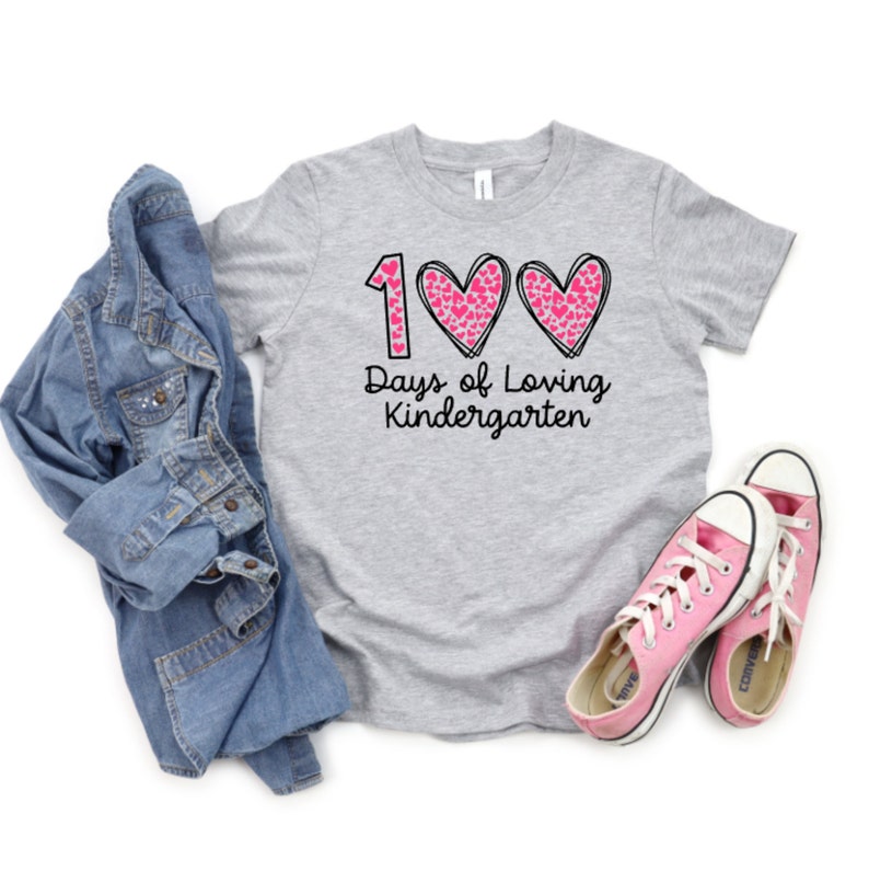 100 Days Loving Kindergarten, Girls 100 Days Shirt, Kindergarten 100 Days, 100 Days of School Shirt, Girls 100 Days Shirt, Cute 100th Day Short Sleeve Grey