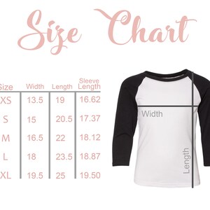 May include: Size chart for a baseball tee shirt with measurements in inches for width, length, and sleeve length. Sizes include XS, S, M, L, and XL.