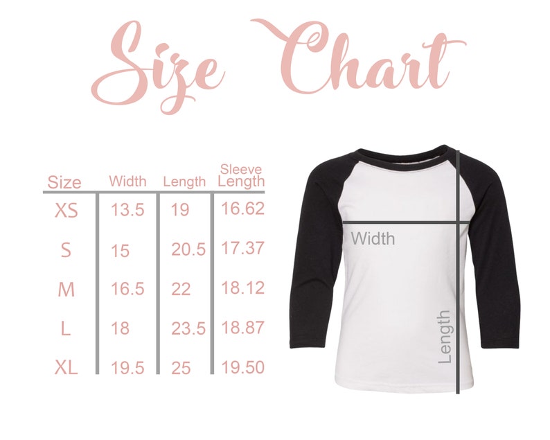 May include: Size chart for a baseball tee shirt with measurements in inches for width, length, and sleeve length. Sizes include XS, S, M, L, and XL.